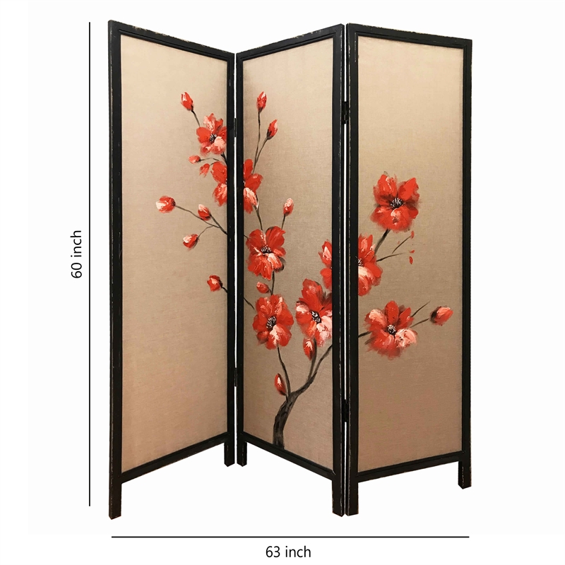Benjara 3 Panel Wooden Screen with Hand painted Fabric Design- Red and Brown
