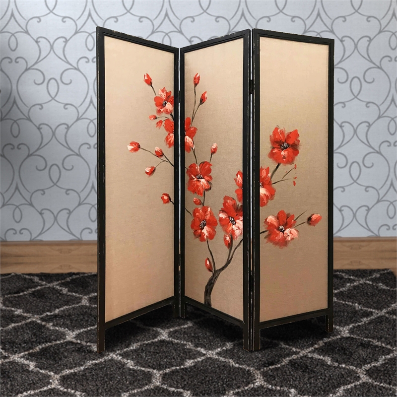 Benjara 3 Panel Wooden Screen with Hand painted Fabric Design- Red and Brown