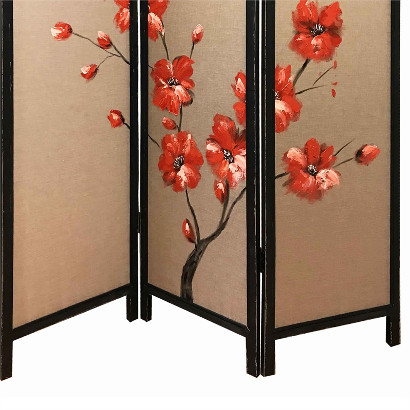Benjara 3 Panel Wooden Screen with Hand painted Fabric Design- Red and Brown