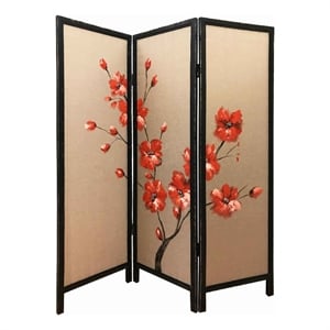 Benjara 3 Panel Wooden Screen with Hand painted Fabric Design- Red and Brown