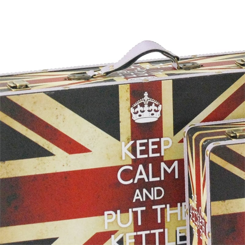 Benjara Suitcase with Union Jack Print Canvas Upholstery- Multicolor (Set of 2)