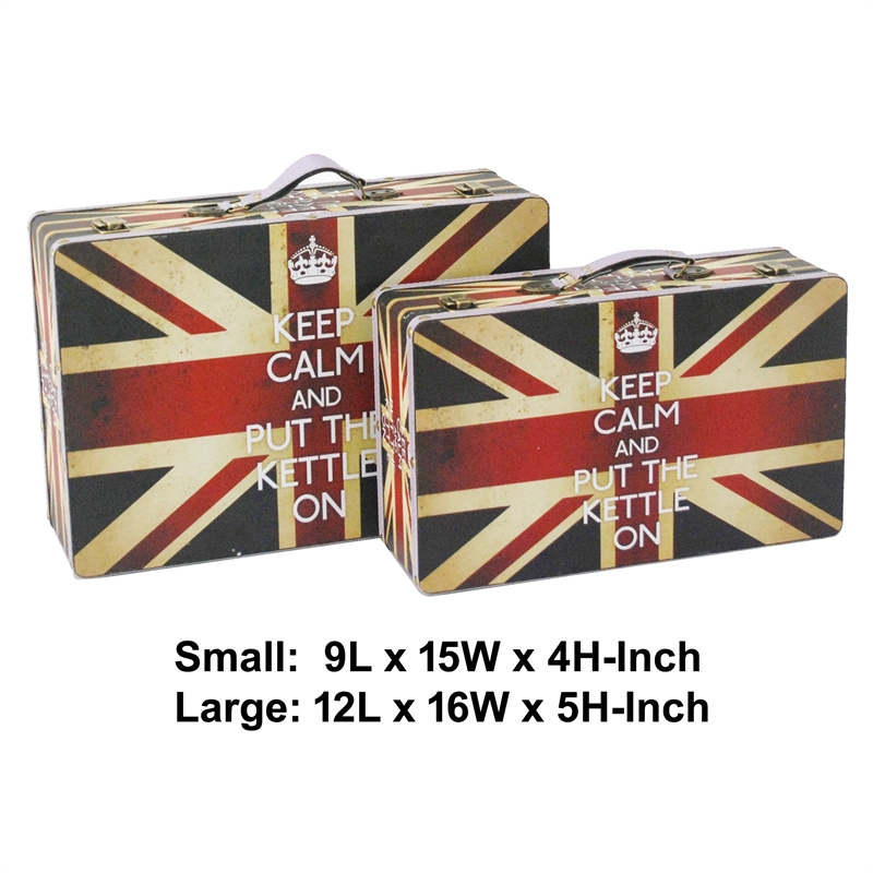 Benjara Suitcase with Union Jack Print Canvas Upholstery- Multicolor (Set of 2)