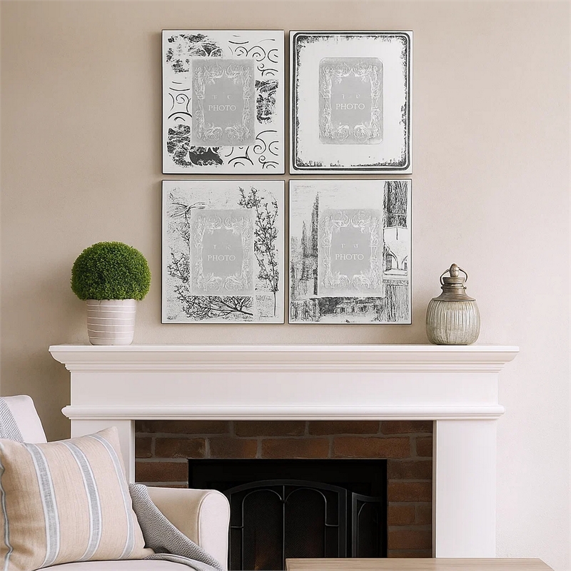 Benjara Modern Etched Wooden Photo Frames- Large- Set of 4- Silver
