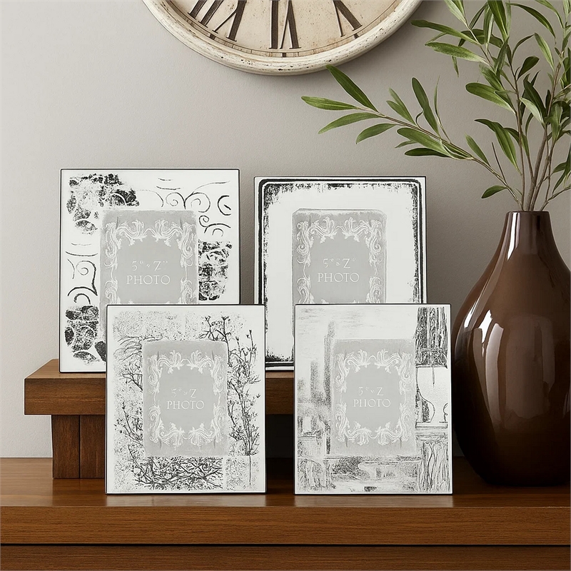 Benjara Modern Etched Wooden Photo Frames- Large- Set of 4- Silver