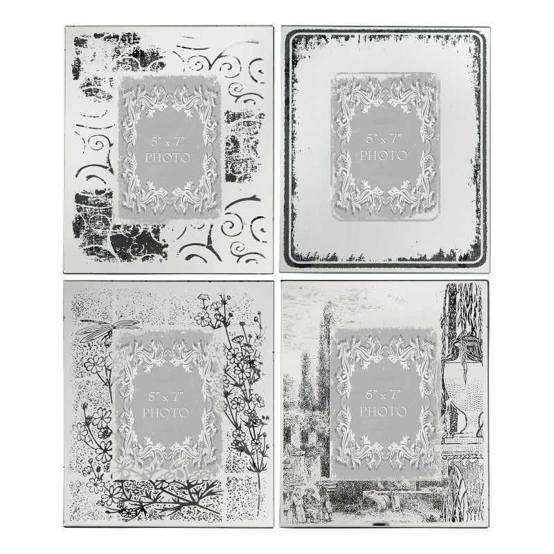 Benjara Modern Etched Wooden Photo Frames- Large- Set of 4- Silver