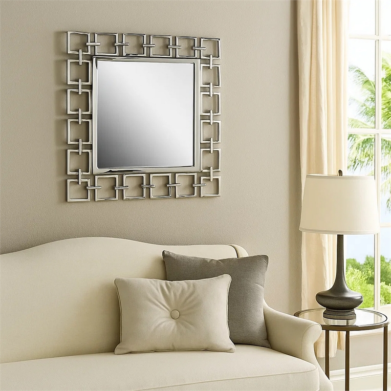 Benjara Modern Style Metal Openwork Square Framed Mirror- Silver