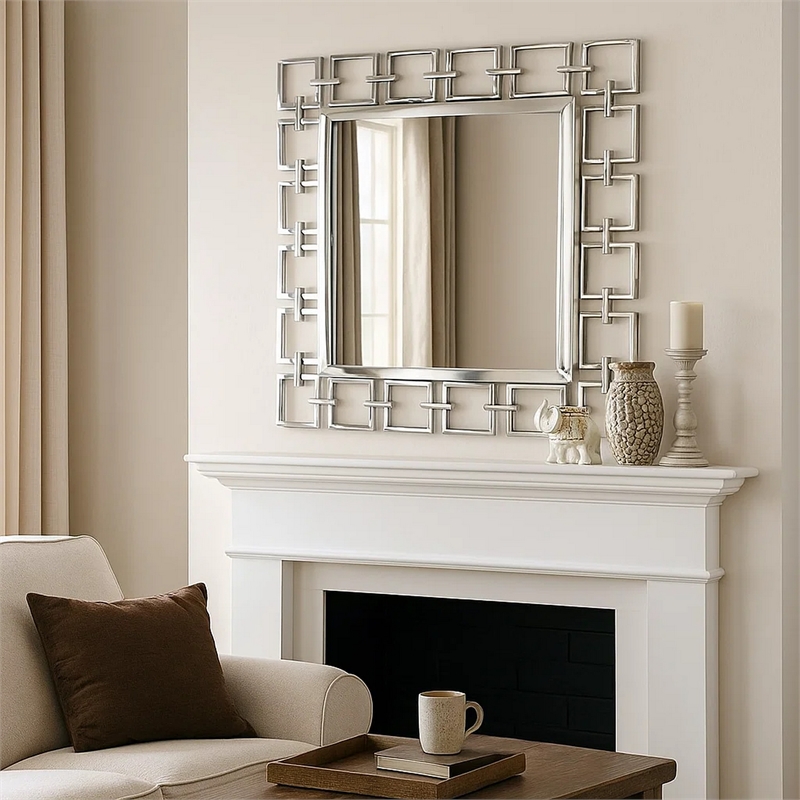 Benjara Modern Style Metal Openwork Square Framed Mirror- Silver