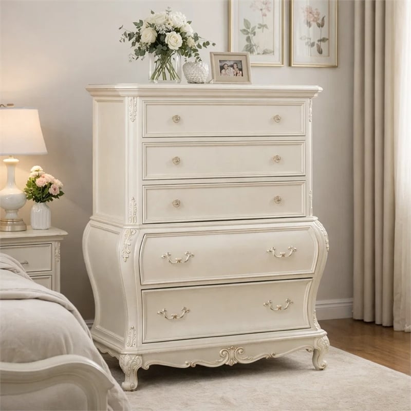Benjara Wooden Drawer Chest with Five Drawers- Pearl White