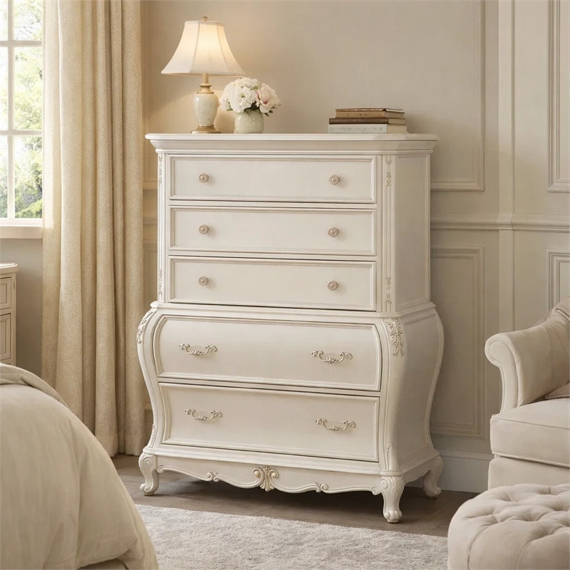 Benjara Wooden Drawer Chest with Five Drawers- Pearl White