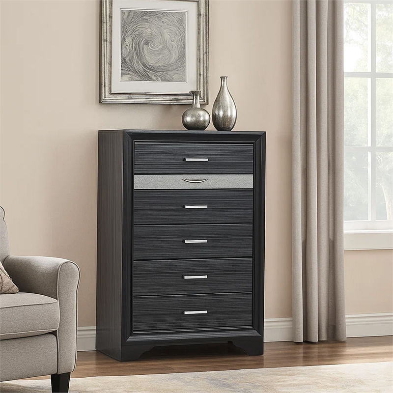 Benjara Two Tone Wooden Chest With Six Drawers- Black And Silver