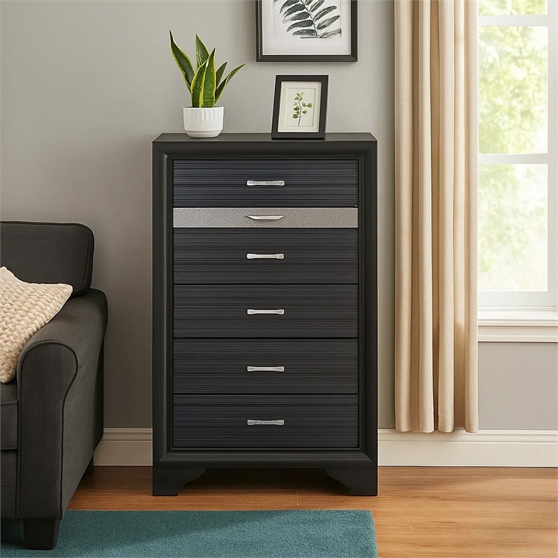 Benjara Two Tone Wooden Chest With Six Drawers- Black And Silver
