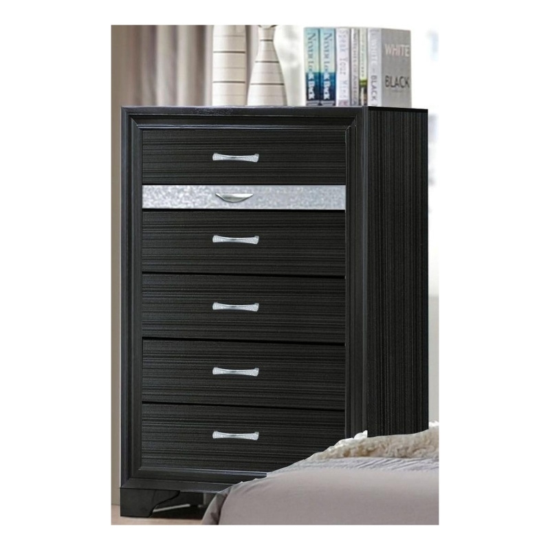 Benjara Two Tone Wooden Chest With Six Drawers- Black And Silver