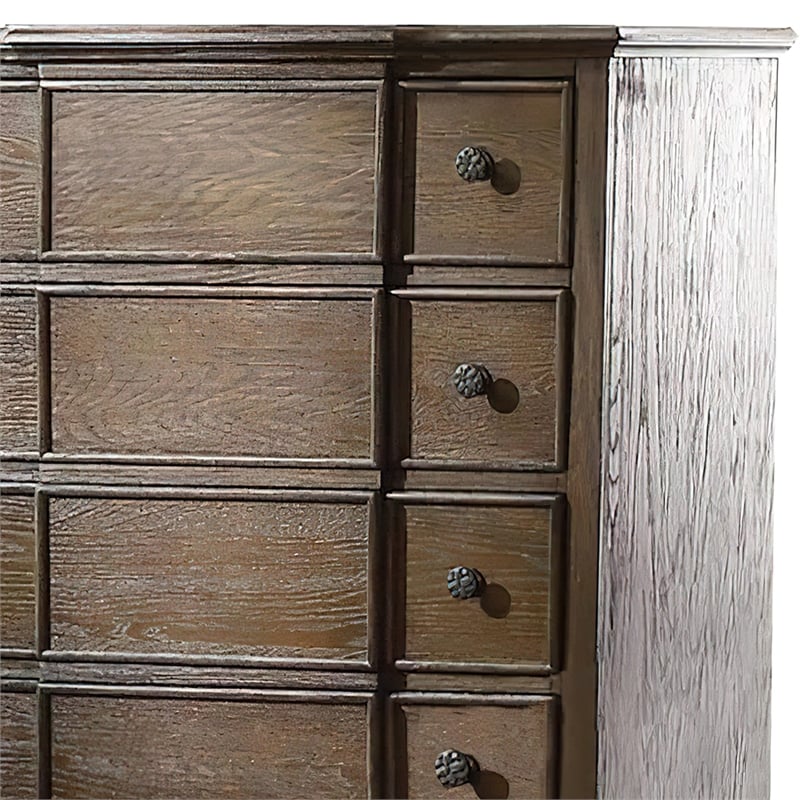 Benjara 5 Drawer Chest With Round Knobs Side Metal Glide In Weathered Oak