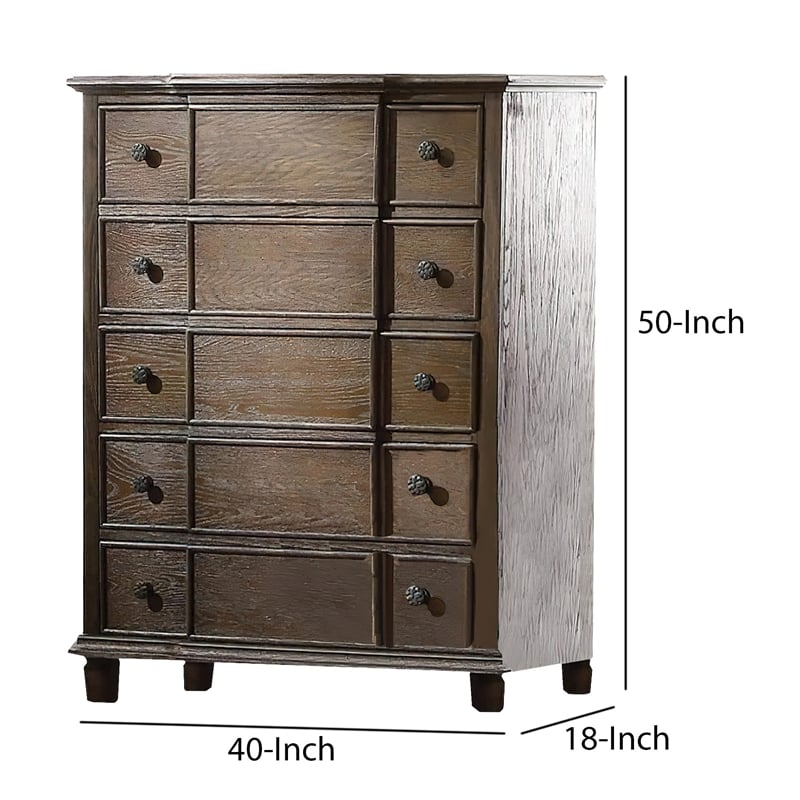 Benjara 5 Drawer Chest With Round Knobs Side Metal Glide In Weathered Oak