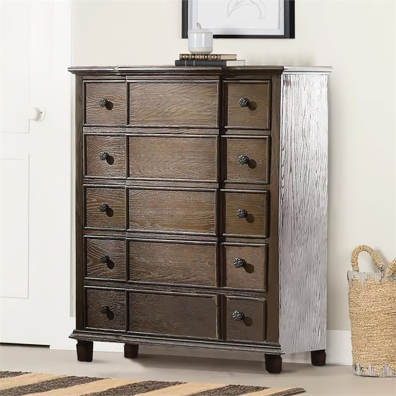 Benjara 5 Drawer Chest With Round Knobs Side Metal Glide In Weathered Oak
