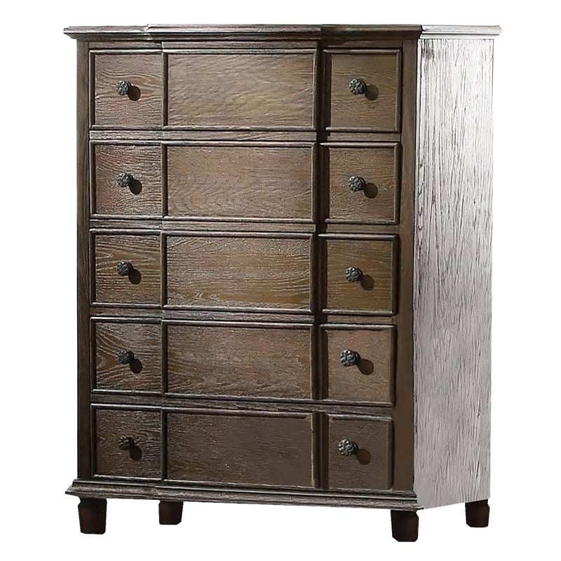 Benjara 5 Drawer Chest With Round Knobs Side Metal Glide In Weathered Oak
