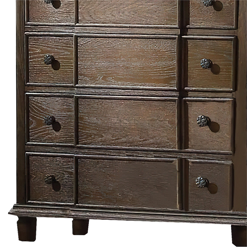Benjara 5 Drawer Chest With Round Knobs Side Metal Glide In Weathered Oak