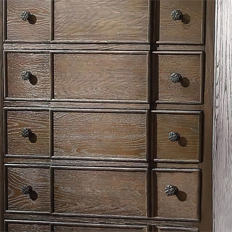 Benjara 5 Drawer Chest With Round Knobs Side Metal Glide In Weathered Oak