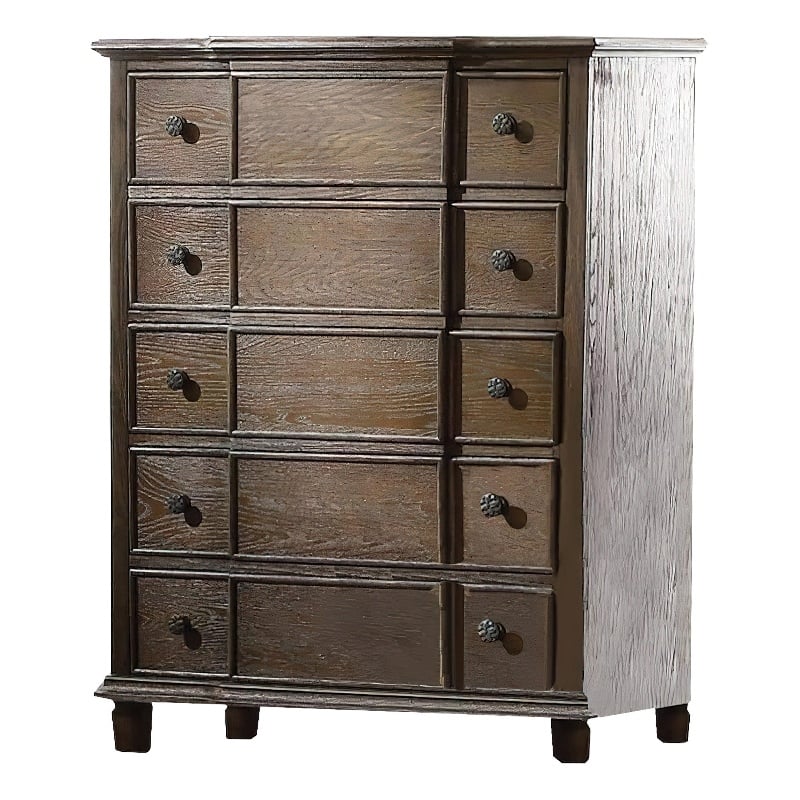 Benjara 5 Drawer Chest With Round Knobs Side Metal Glide In Weathered Oak