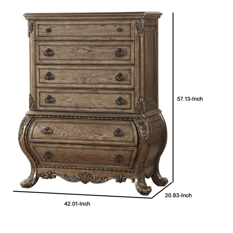 Benjara Six Drawer Chest With Antique Handles & Scrolled Legs- Vintage Oak