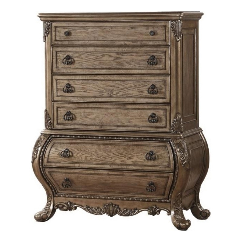 Benjara Six Drawer Chest With Antique Handles & Scrolled Legs- Vintage Oak