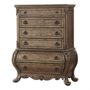 Benjara Six Drawer Chest With Antique Handles & Scrolled Legs- Vintage Oak