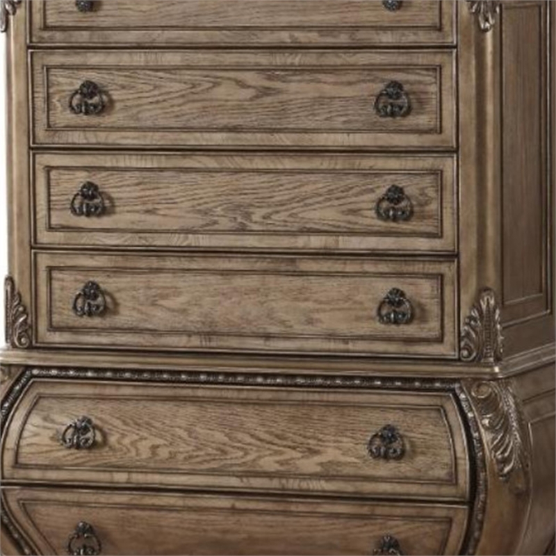 Benjara Six Drawer Chest With Antique Handles & Scrolled Legs- Vintage Oak