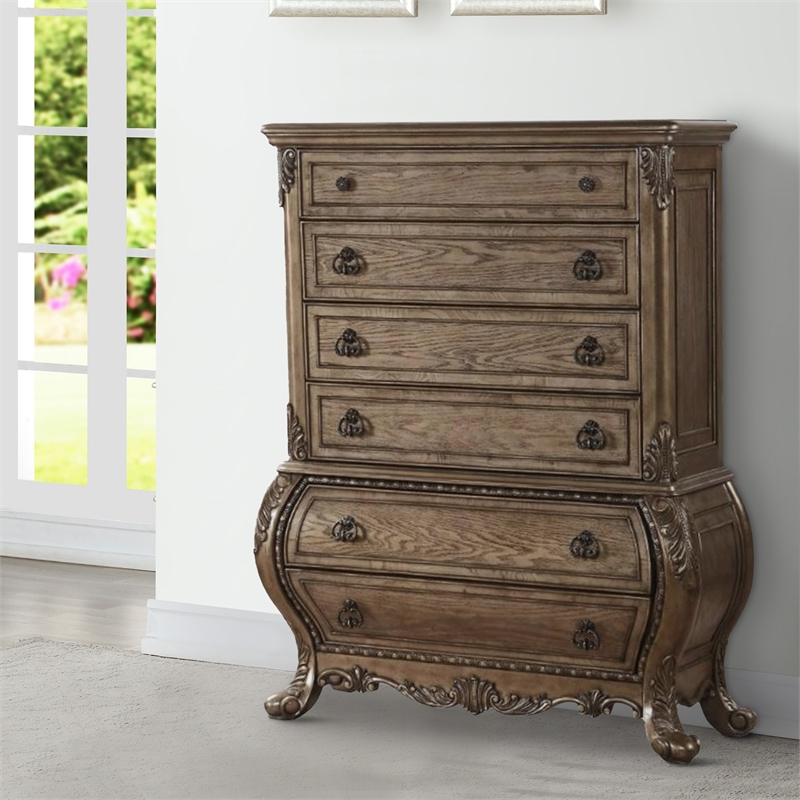 Benjara Six Drawer Chest With Antique Handles & Scrolled Legs- Vintage Oak