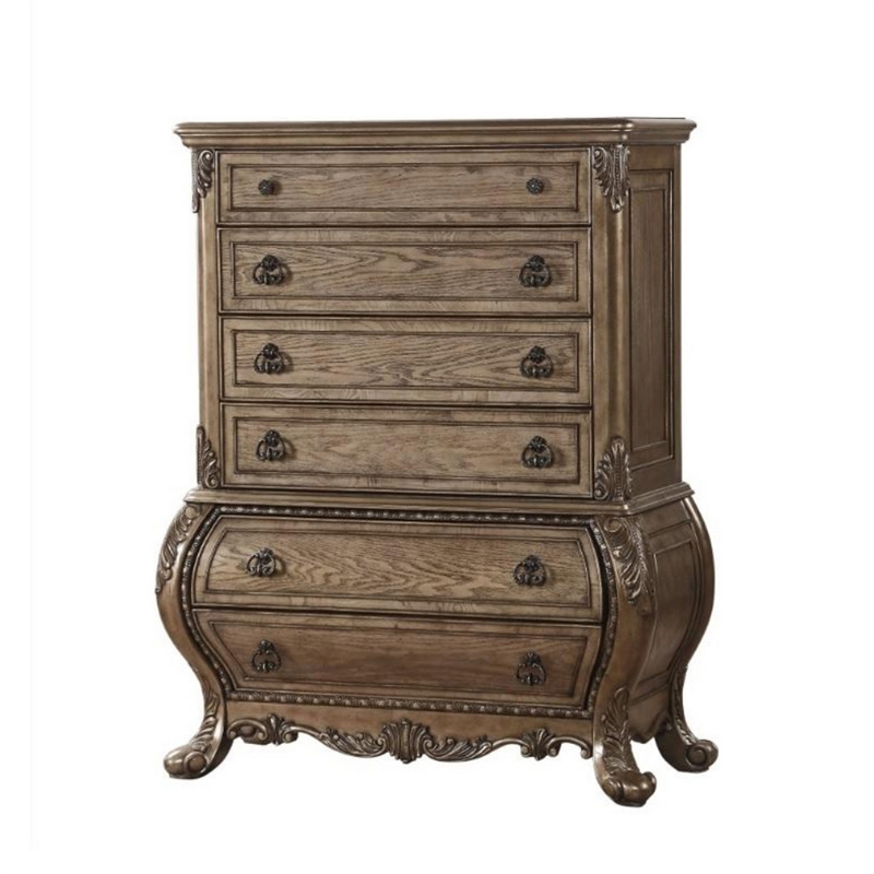 Benjara Six Drawer Chest With Antique Handles & Scrolled Legs- Vintage Oak