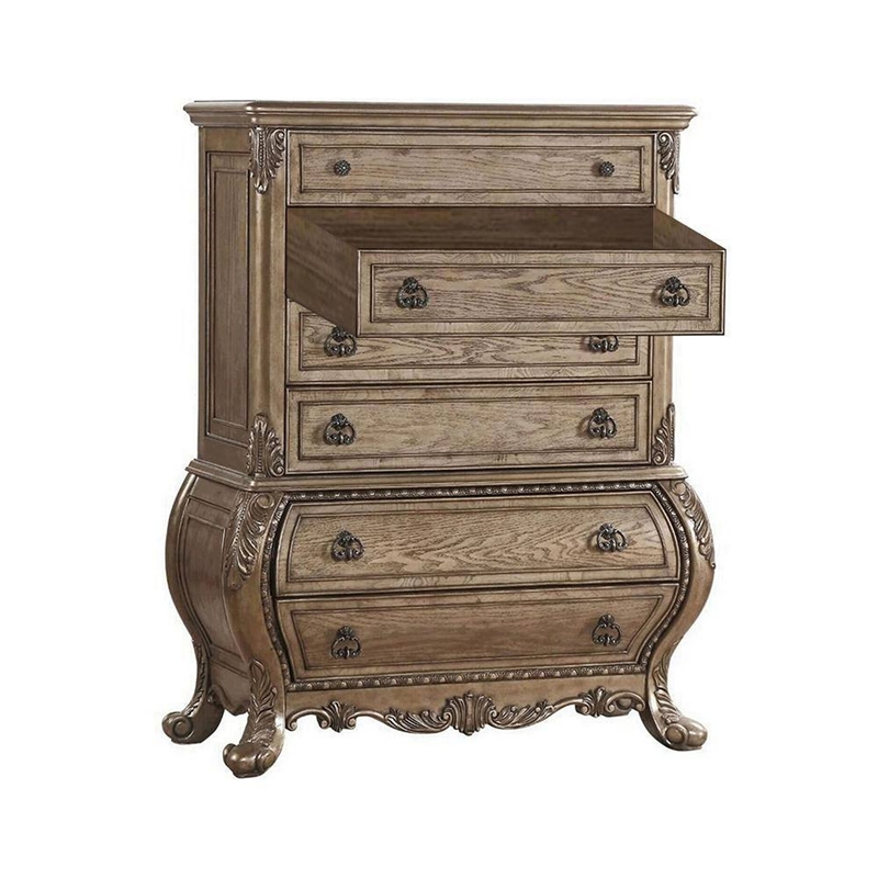 Benjara Six Drawer Chest With Antique Handles & Scrolled Legs- Vintage Oak