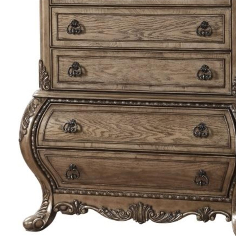 Benjara Six Drawer Chest With Antique Handles & Scrolled Legs- Vintage Oak