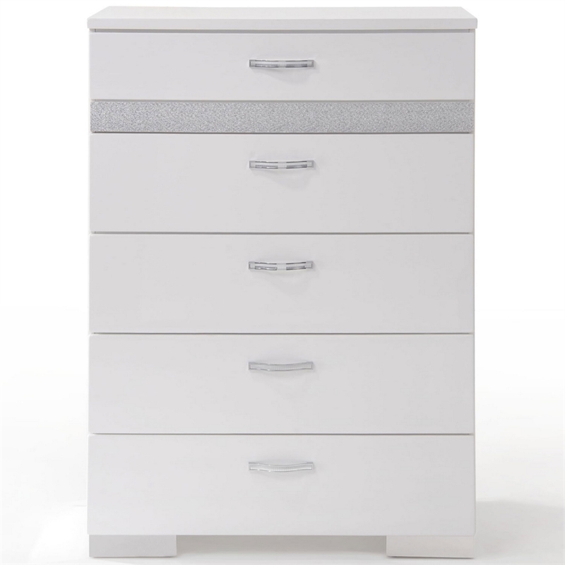 Benjara Chest With Six Center Metal Glide Drawers In White Gloss Finish