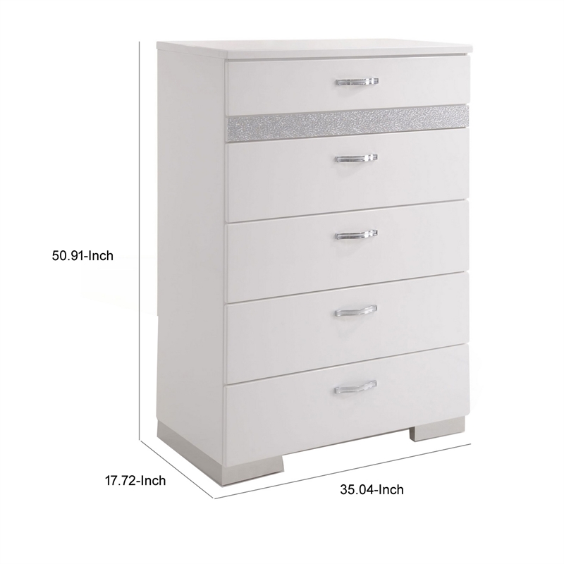 Benjara Chest With Six Center Metal Glide Drawers In White Gloss Finish
