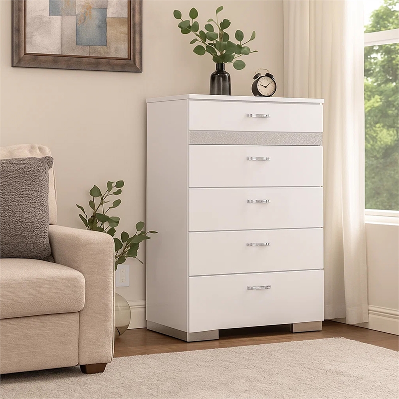 Benjara Chest With Six Center Metal Glide Drawers In White Gloss Finish
