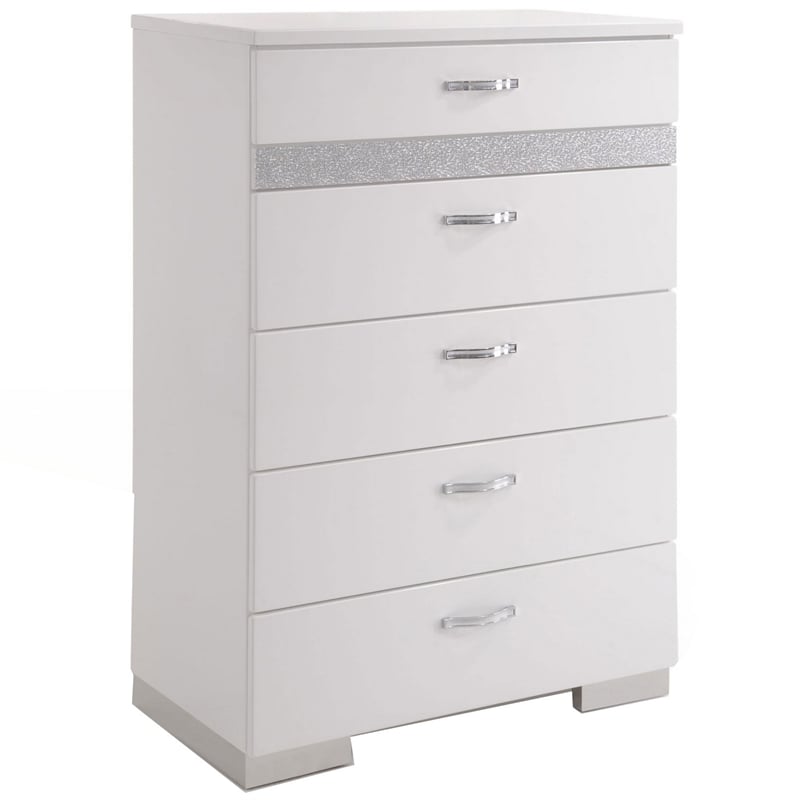 Benjara Chest With Six Center Metal Glide Drawers In White Gloss Finish