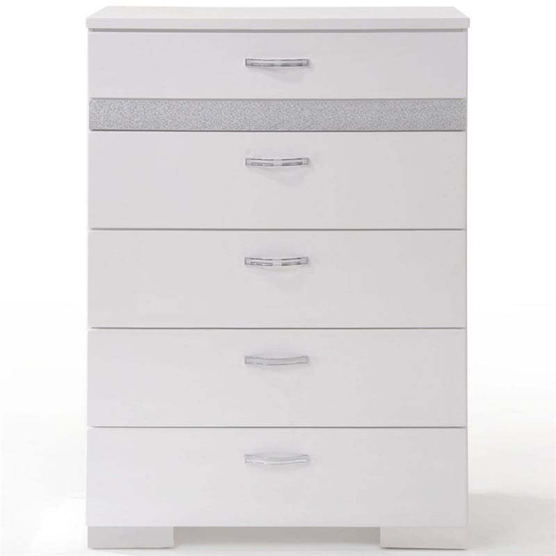 Benjara Chest With Six Center Metal Glide Drawers In White Gloss Finish