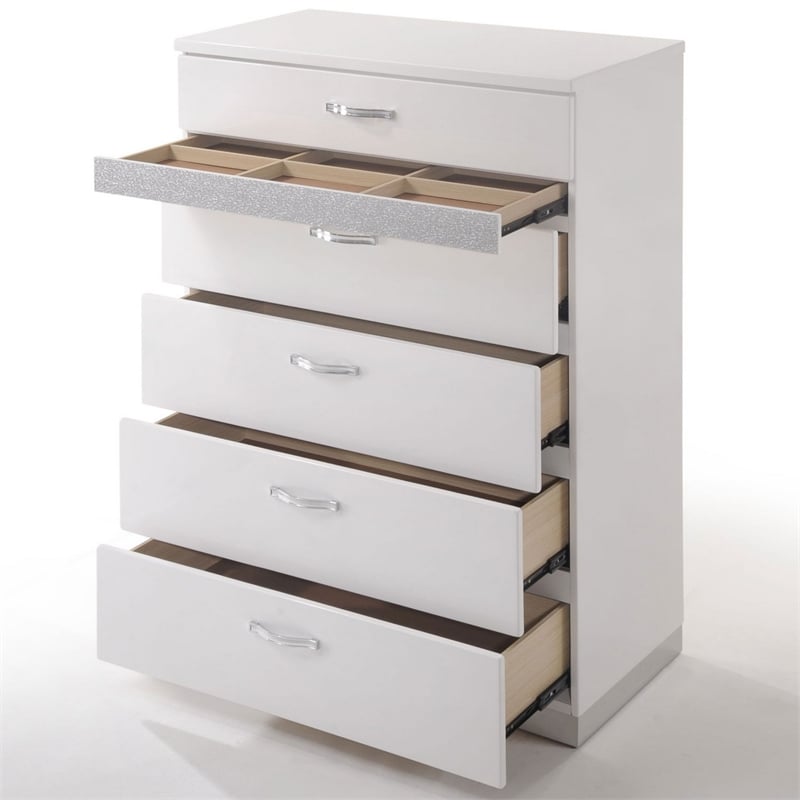 Benjara Chest With Six Center Metal Glide Drawers In White Gloss Finish