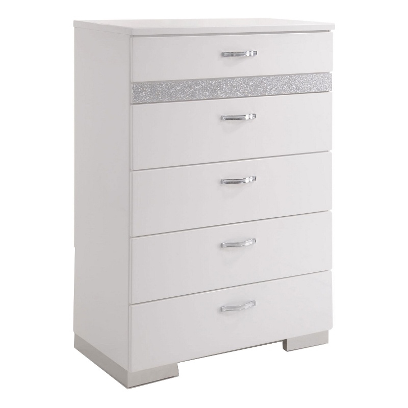 Benjara Chest With Six Center Metal Glide Drawers In White Gloss Finish
