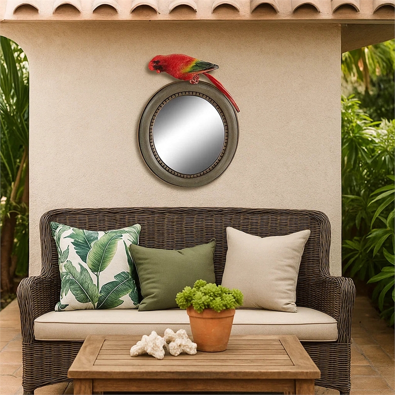 Benjara Round Wooden Framed Mirror with Parrot Sculpture Top- Multicolor