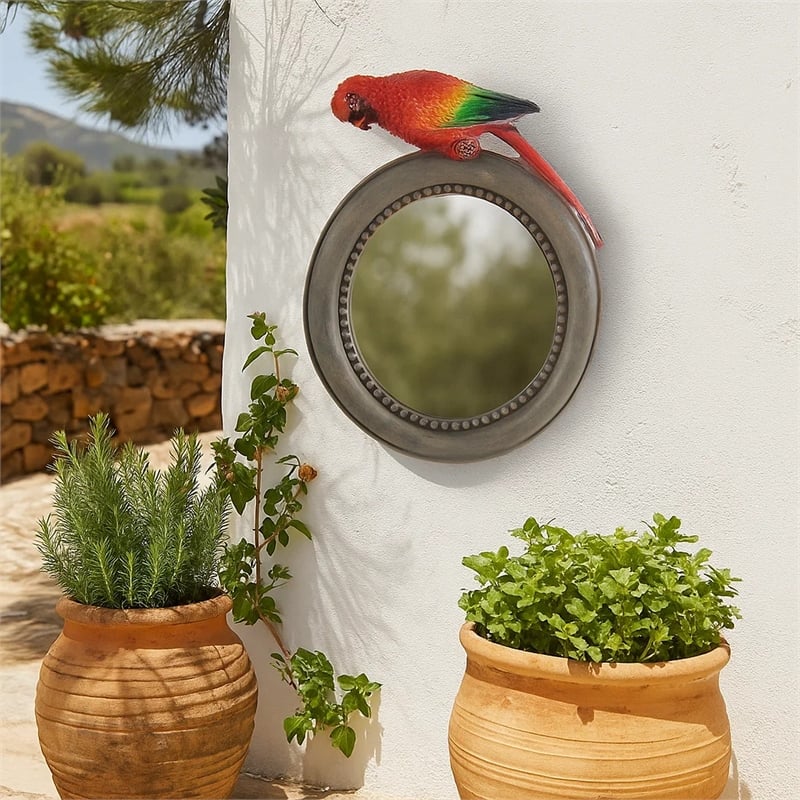 Benjara Round Wooden Framed Mirror with Parrot Sculpture Top- Multicolor