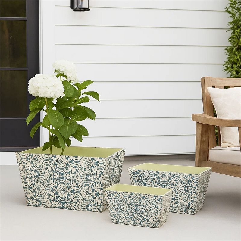 Benjara Rectangular Containers with Narrow Bottom (Set of 3)- Blue and Beige