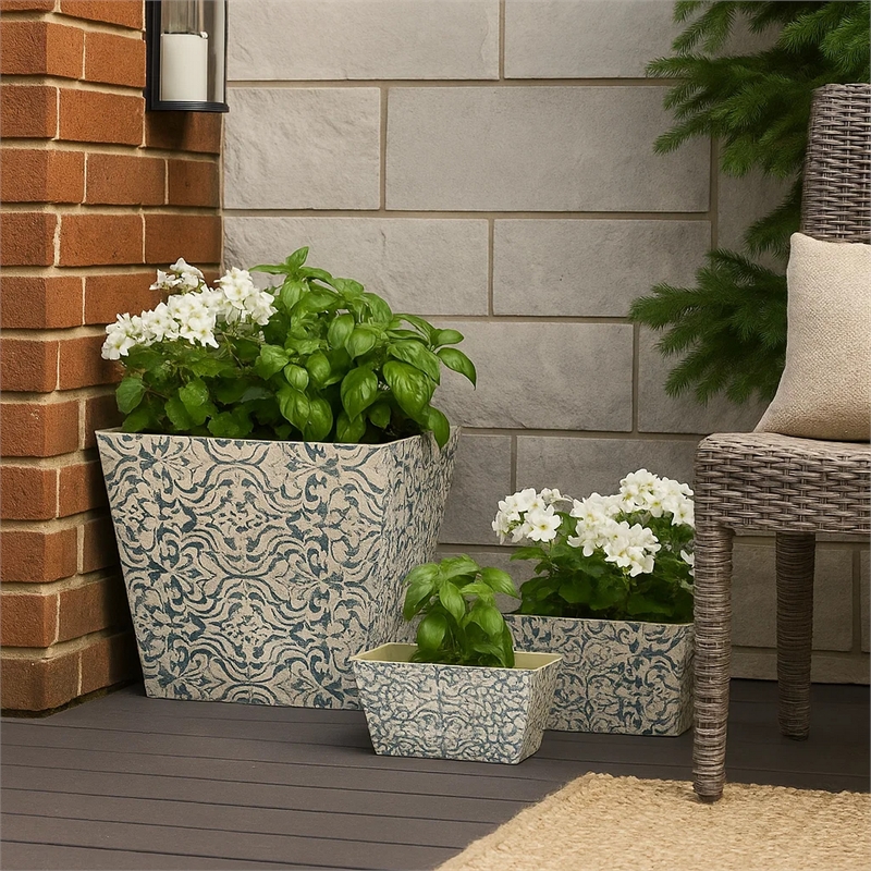 Benjara Rectangular Containers with Narrow Bottom (Set of 3)- Blue and Beige