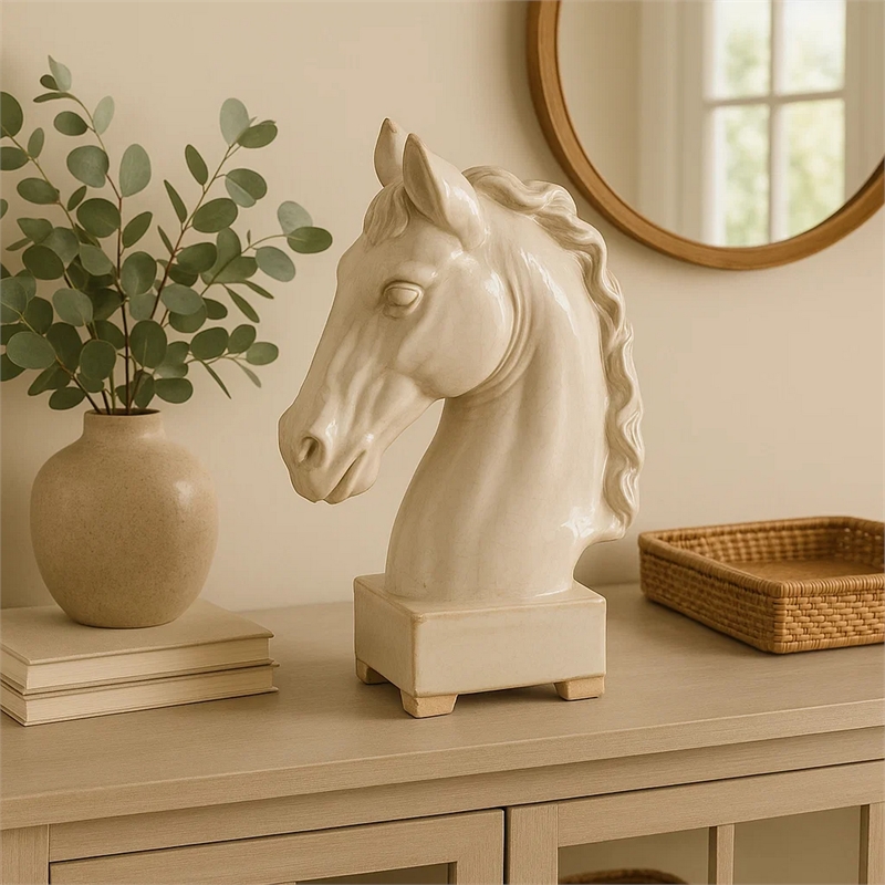 Benjara Transitional Style Ceramic Horse Head Decor Piece- Large- Beige