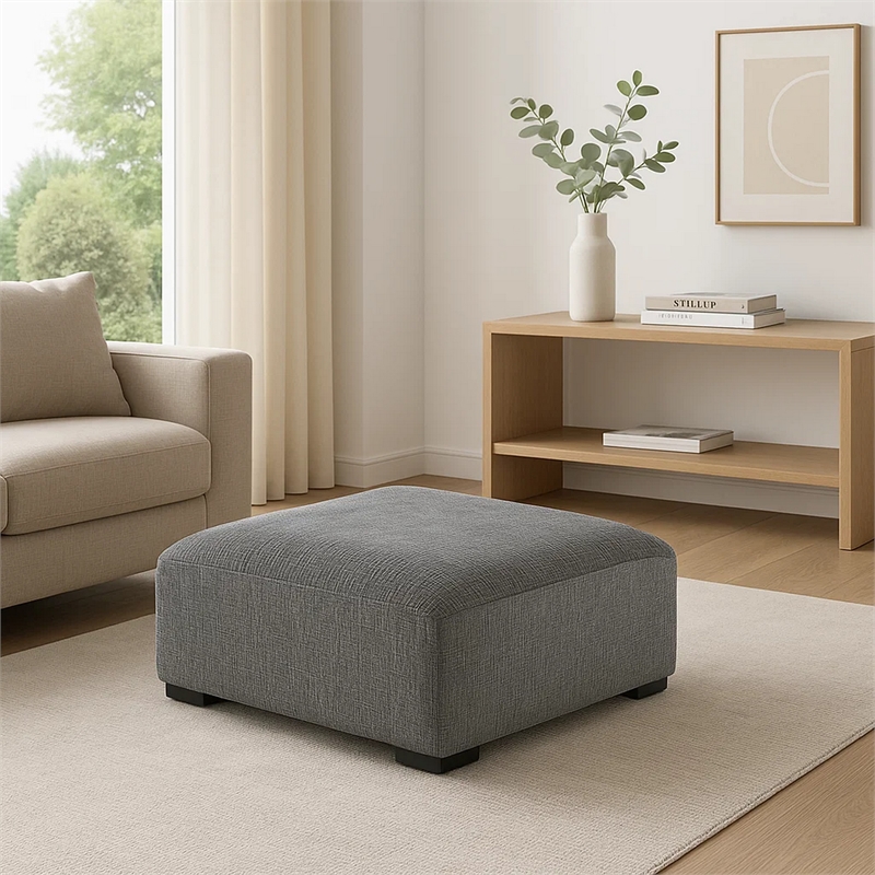 Benjara Modern Style Padded Ottoman with Fabric Upholstery- Gray