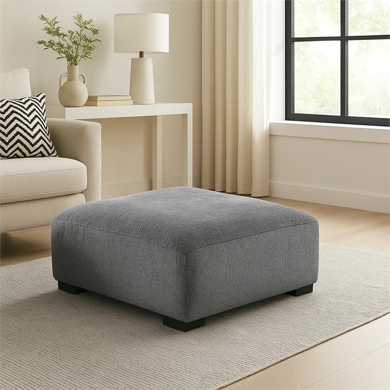 Benjara Modern Style Padded Ottoman with Fabric Upholstery- Gray