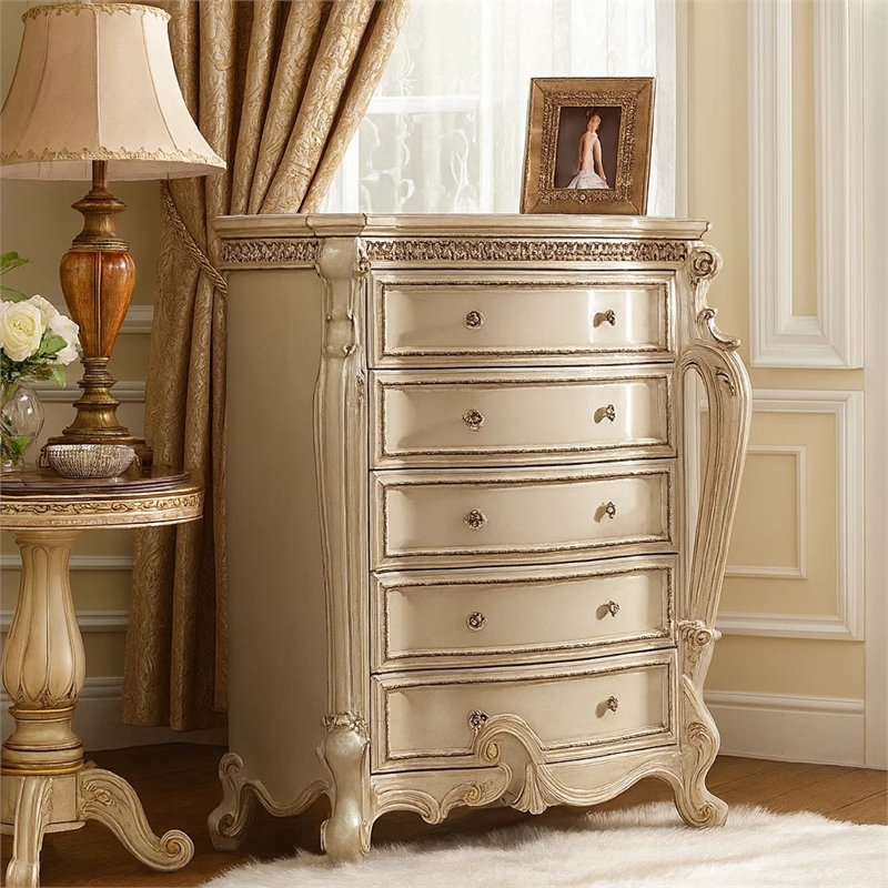 Benjara Five Drawer Chest With Cabriole Legs- Antique Pearl & Cherry Oak