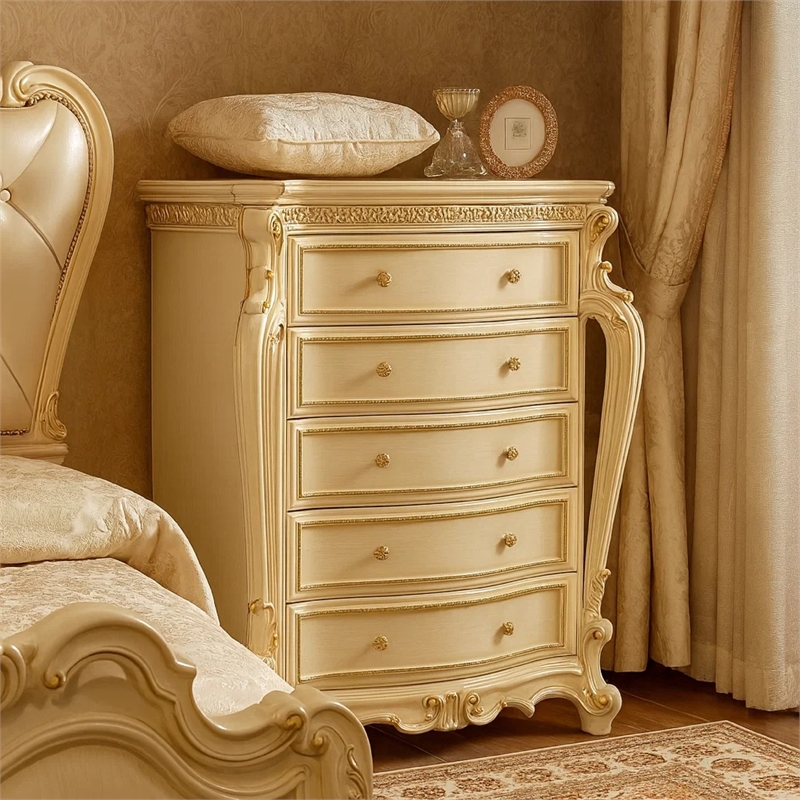 Benjara Five Drawer Chest With Cabriole Legs- Antique Pearl & Cherry Oak