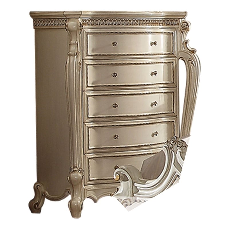 Benjara Five Drawer Chest With Cabriole Legs- Antique Pearl & Cherry Oak