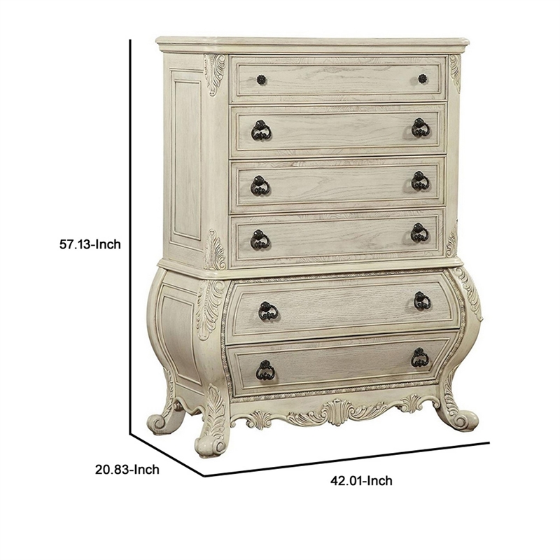 Benjara Six Drawer Wooden Chest With Scrolled Feet- Antique White