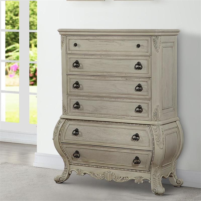 Benjara Six Drawer Wooden Chest With Scrolled Feet- Antique White